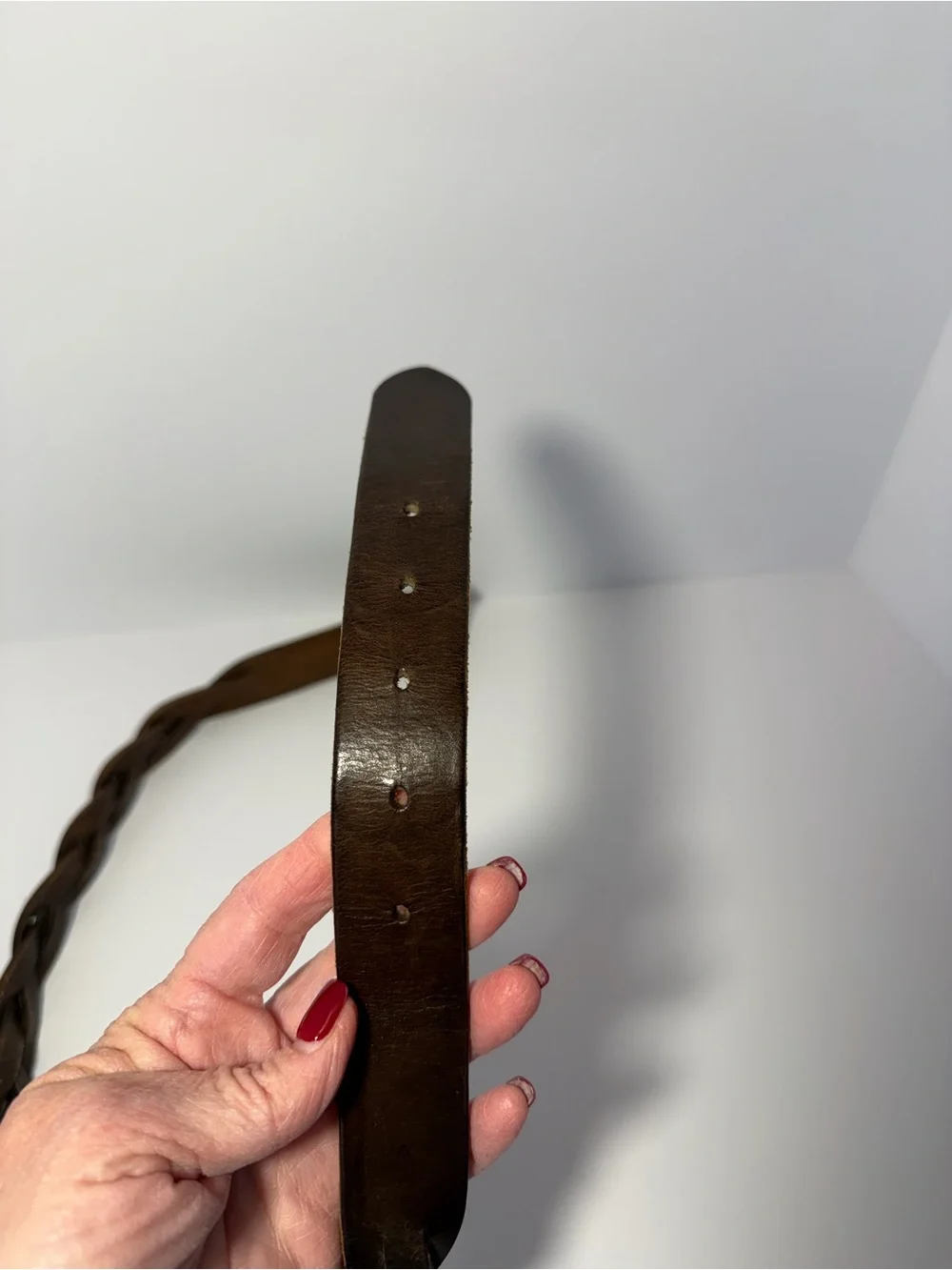 Vintage 90s Great Land Dark Brown Braided Leather Belt Solid Brass Small